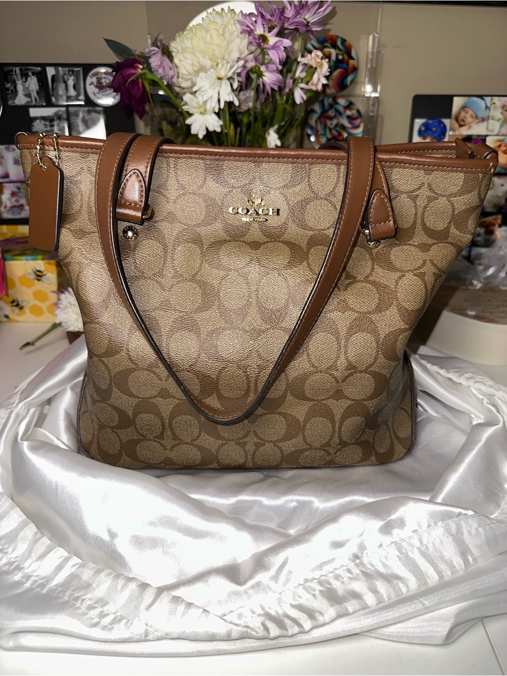 Coach Brown Signature Canvas Tote Leather Trim - free Coach wallet w/ purchase!!